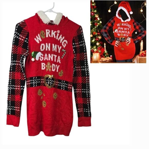 Ugly Christmas Sweater Women's Red Plaid Holiday Hoodie Working on My Santa Body - Picture 1 of 16